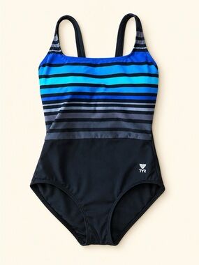 TYR Black One-Piece Swimsuit with Blue Gradient Stripes